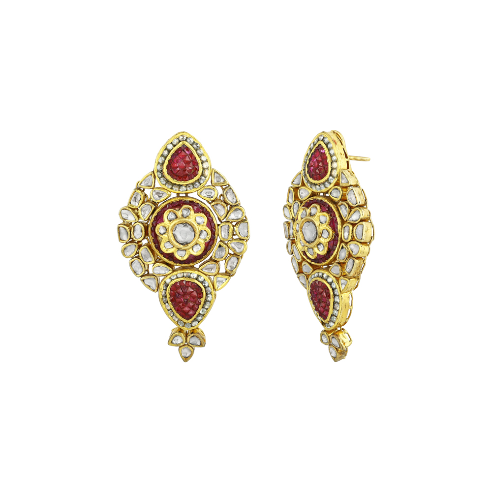 Central Floral Polki Earrings with Red Gemstones